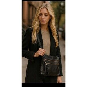 Margot New York Double Zip Black Pebbled Leather Crossbody Top Folds Over Flap